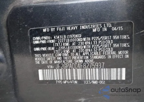 2015 Subaru Xv Crosstrek 2.0I Premium z USA, uszkodzony, nr VIN JF2GPACC4F8275937